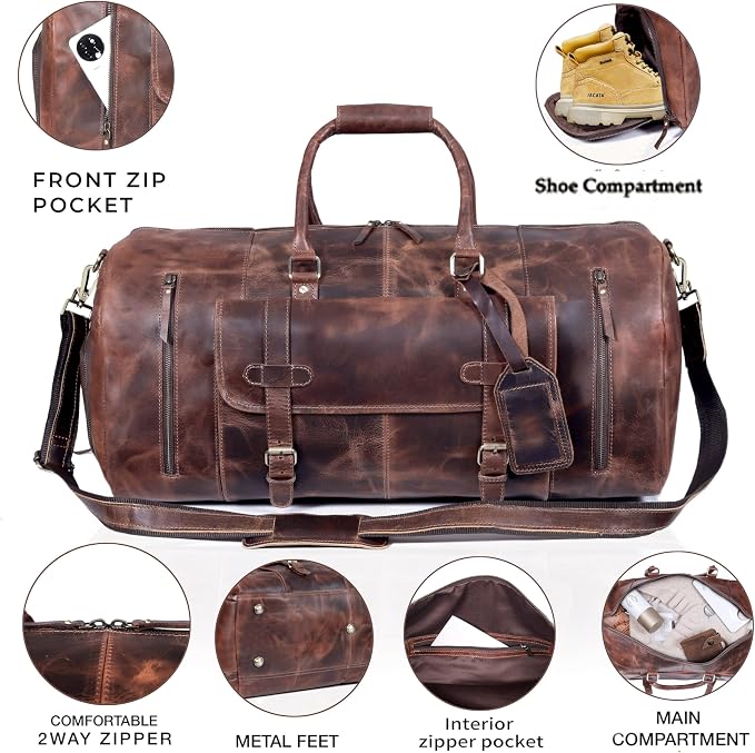 20 Inch Leather Duffel Bags for Men and Women Full Grain Leather Travel - Image 5