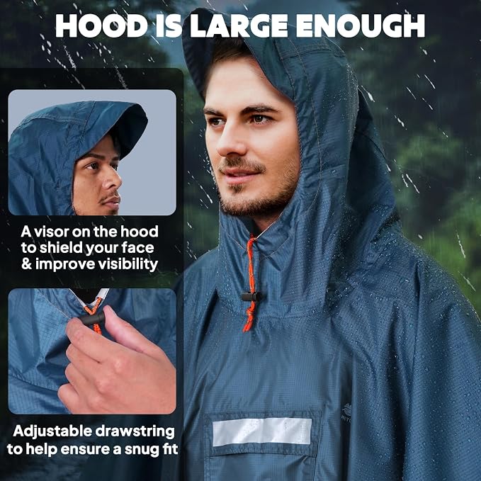 ANYOO Hooded Rain Poncho for Adults Waterproof Lightweight Rain Coat for Men - Image 5