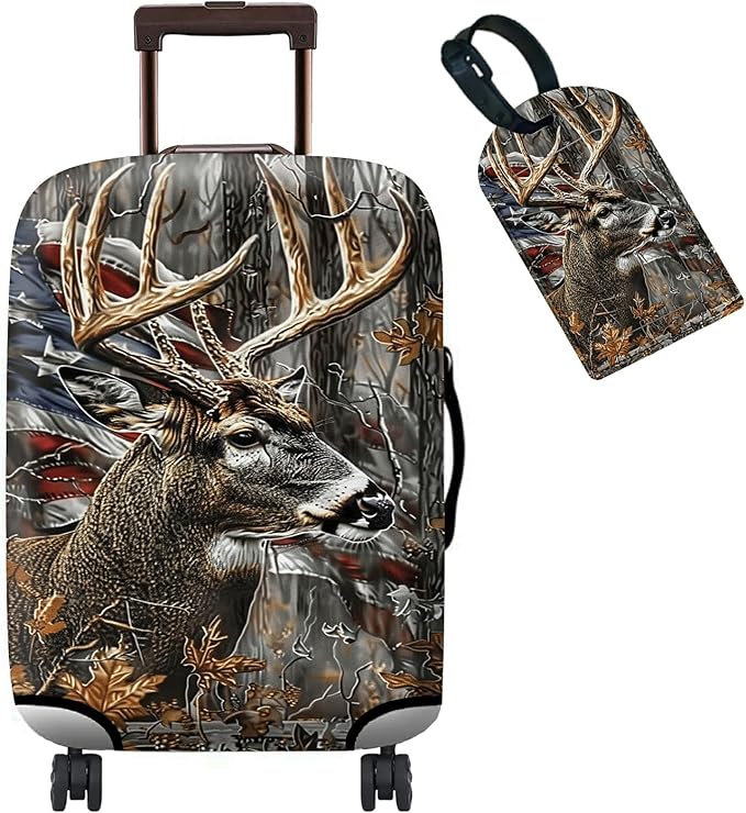 Luggage Cover Suitcase Protector + Tag, Camo Deer Flag Travel Suitcase Cover by BWEGRHE