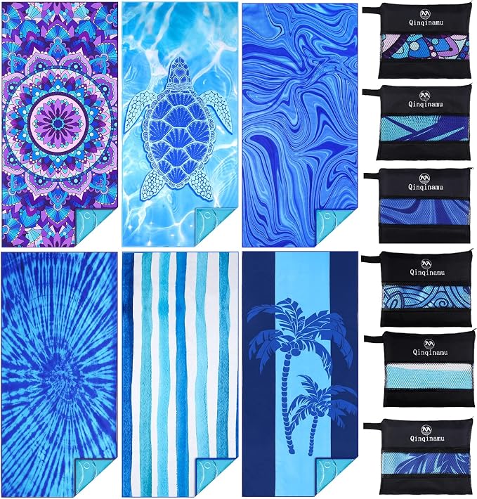 6 Pack Microfiber Thin Lightweight Beach Towel Oversized 71x32 Extra Large Sand by Qinqinamu