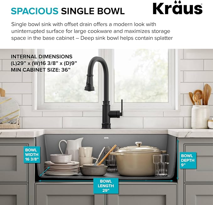 KRAUS Forteza 32-inch Undermount Single Bowl Granite Kitchen Sink in Grey - Image 3