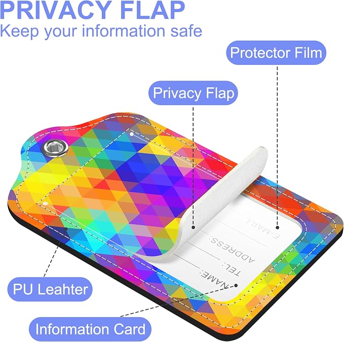 2 Pack Luggage Tag for Suitcase Polygonal and Rainbow Color Rhombus Leather - Image 3