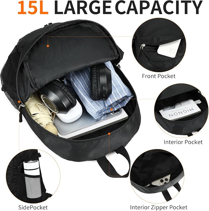 Small Hiking Daypack, 15L Water-Resistant Hiking Backpack Packable Lightweight - Image 4