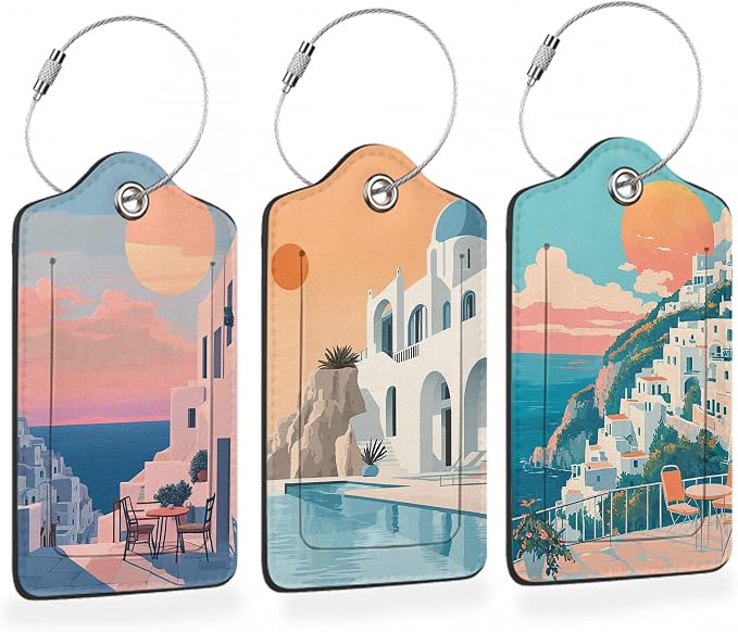Vintage Sunset Light 3 PCS Luggage Tags, Sunset Seaside Town Leather Suitcase by Losthll