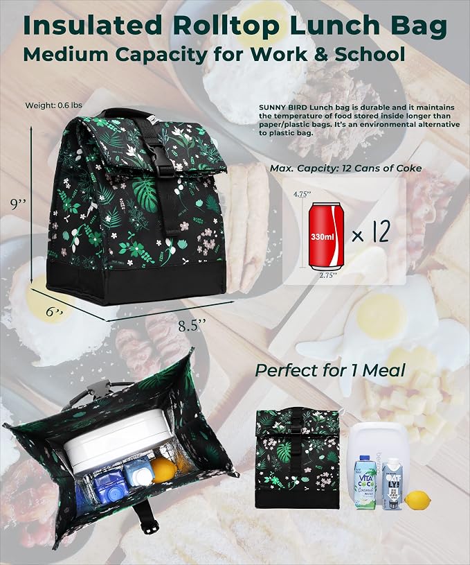SUNNY BIRD Insulated Lunch Bag Rolltop Lunch Box Tote Bag - Image 2