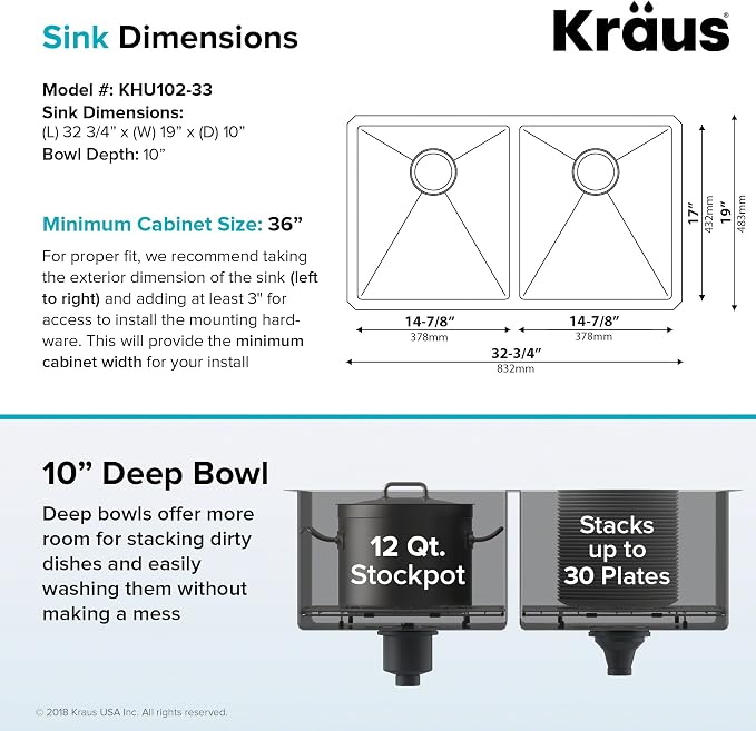 KRAUS Standart PRO™ 33-inch 16 Gauge Undermount 50/50 Double Bowl Stainless - Image 4