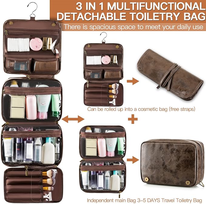 Elviros Hanging Toiletry Bag Removable Travel Bag PU leather Makeup Cosmetic - Image 2