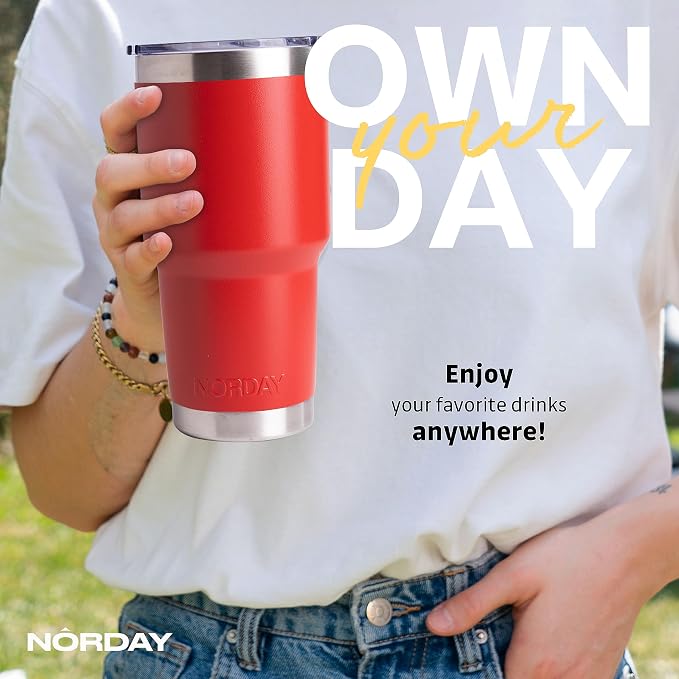 NORDAY | Tumbler with Lid - 30oz - Red Insulated Tumbler - Stainless Steel - Image 5