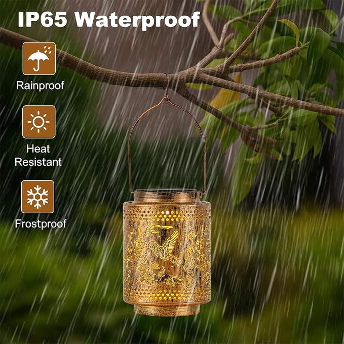 2 Pack Solar Lanterns Outdoor Waterproof Hummingbird and Iris Hanging Garden - Image 2