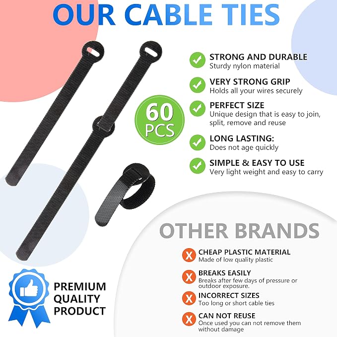 60x Cable Management Ties, Cord Wraps Black 6 Inches, Reusable Tidy Wire Ties - Image 3