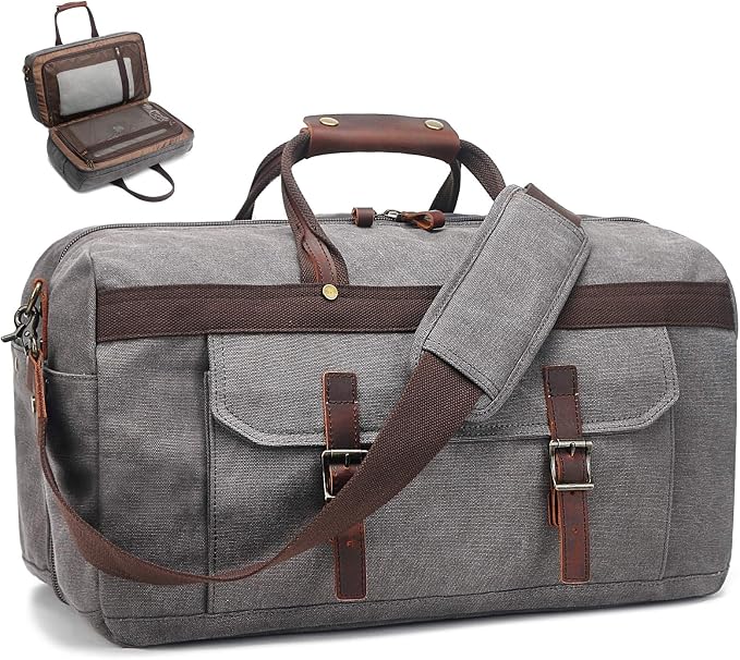 Duffle Bag for Men Waterproof Genuine Leather Canvas Travel Duffel Bags for by SOAEON