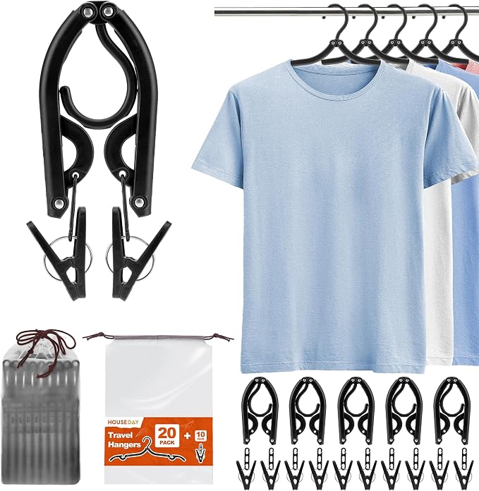 HOUSE DAY Foldable Travel Hangers 20 Pack w/10 Clips, Cruise Essentials 2025 by HOUSEDAY