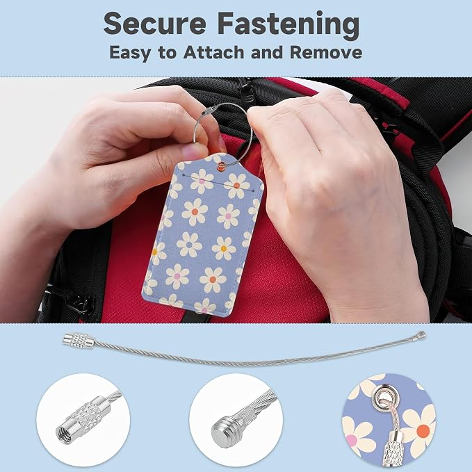 2 Pack Luggage Tag for Suitcase, Groovy Daisy Flowers Leather Bag Tags - Image 3