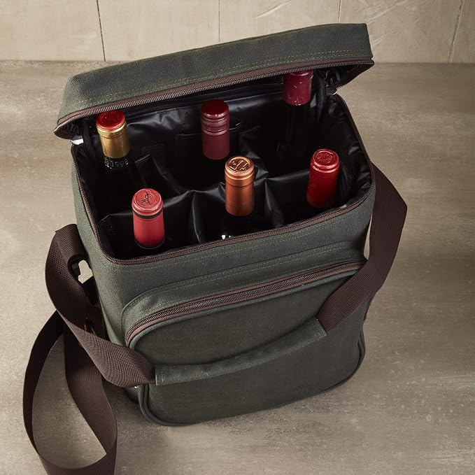 Wine Enthusiast 6-Bottle Waxed Canvas Wine Bag Tote Insulated Wine Carrier - Image 5