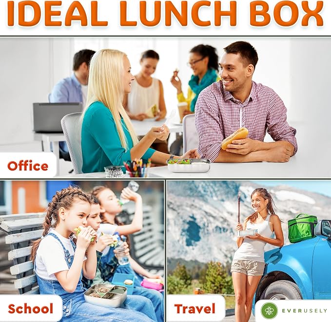 Everusely - Bento Box - Orange, 27oz / 0.8 L - Stainless Steel Lunch Box - 3 - Image 6