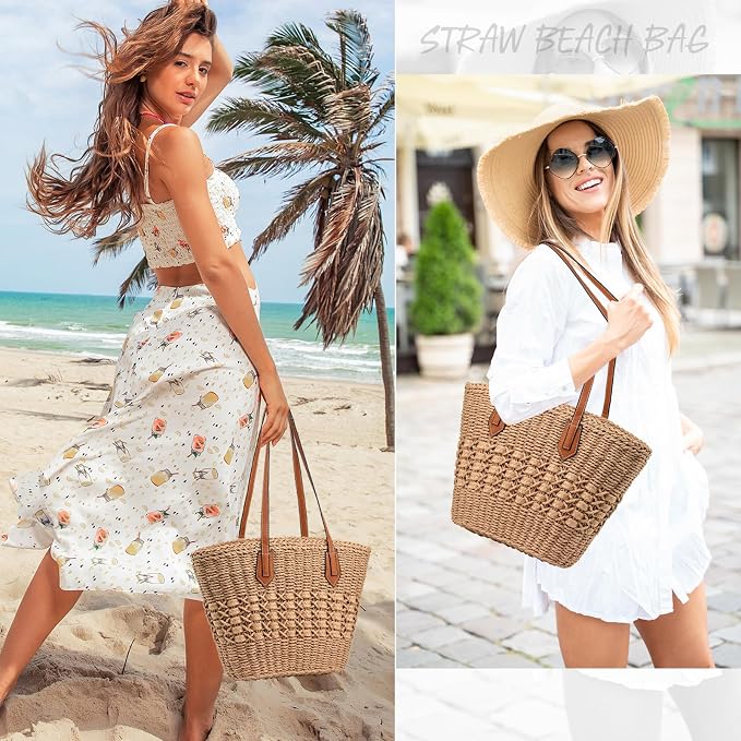 Straw Beach Bags for Women Woven Beach Tote Bag Casual Boho Large Shoulder - Image 2