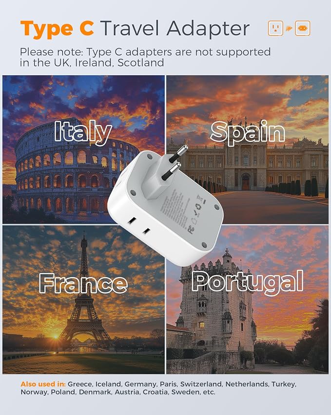 2 Pack European Plug Adapter USB C, TESSAN US to Europe Adapter 4 Outlets 3 USB - Image 2