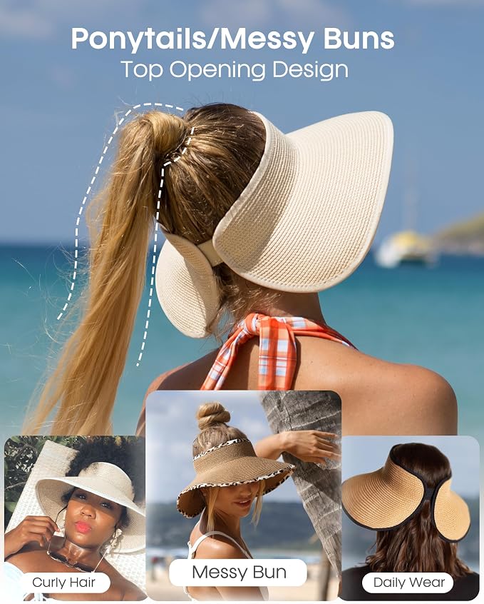 FURTALK Sun Hats for Women Wide Brim Beach Hat Straw Visor Ponytail Summer UV - Image 3