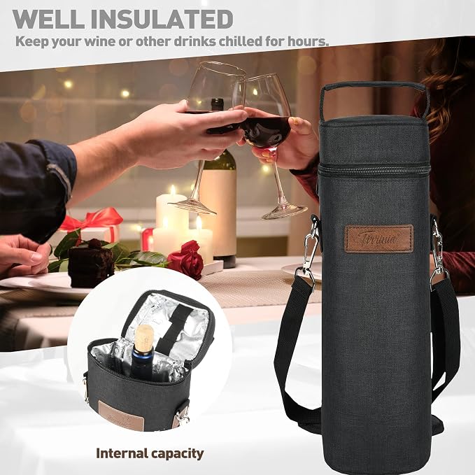 Tirrinia Single Bottle Wine Gift Carrier Bag, Insulated Travel Wine Cooler Tote - Image 4