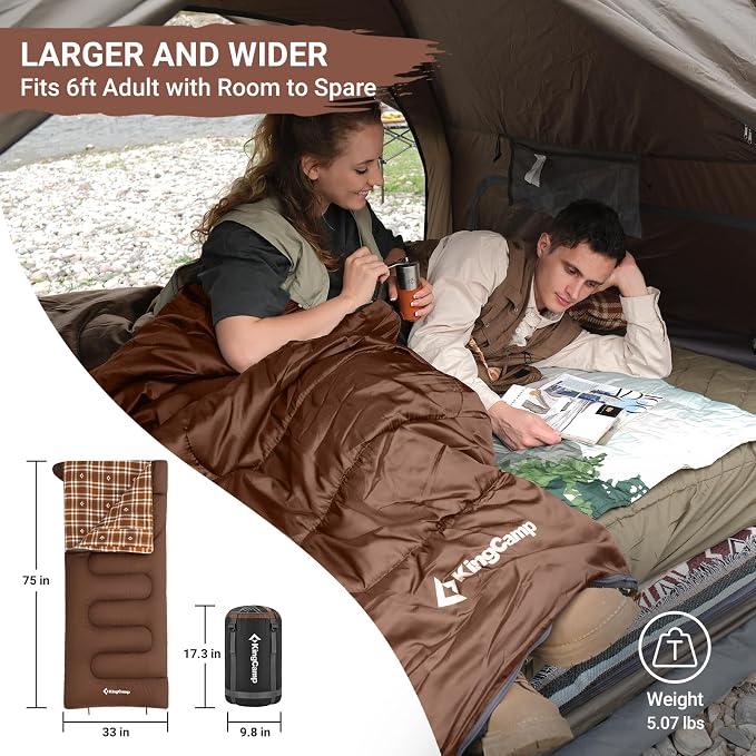 KingCamp Sleeping Bag for Adults, Cold Weather & Warm XL Big and Tall Flannel - Image 2