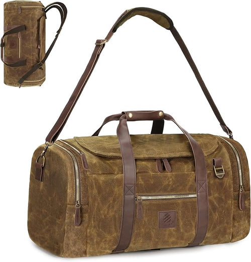 60L Travel Bags for Men, Nomad Washed Canvas Duffle Bag Vintage Genuine Leather by DensataTravelBag