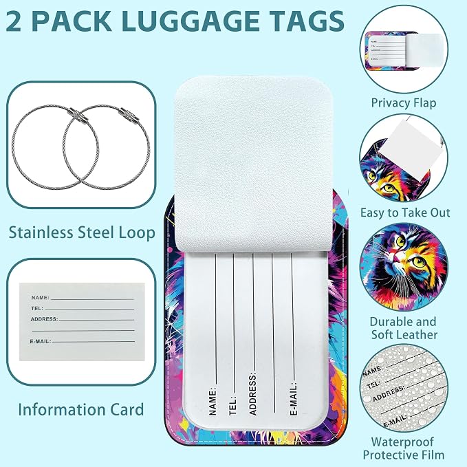 2 Pack Cute Luggage Tag for Suitcases Colorful Cat Leather Luggage Tags - Image 2