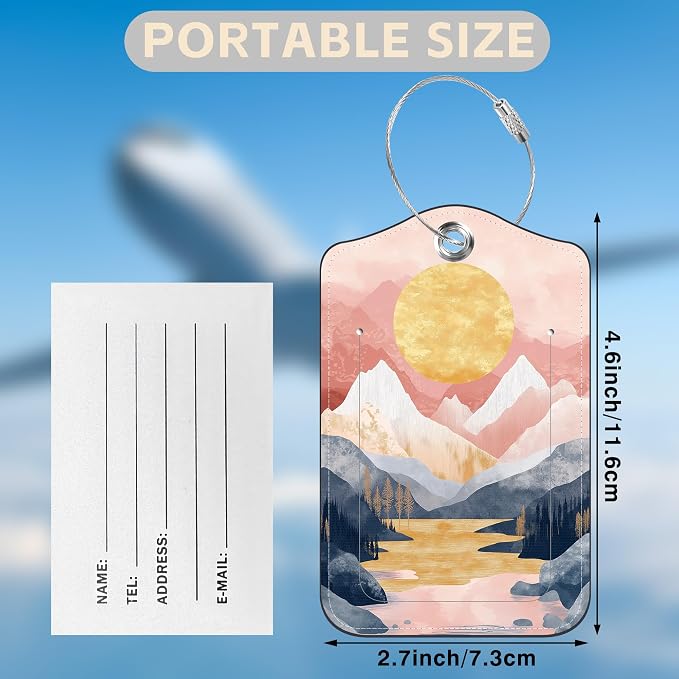 2 Pack Luggage Tags for Suitcases Abstract Pink Mountain Sun Landscape Leather - Image 2