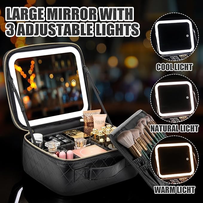 Makeup Travel Train Case with Mirror LED Light 3 Adjustable Brightness Cosmetic - Image 4