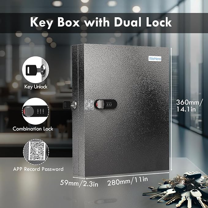 WeHere 32 Key Lock Box with Dual Lock, Combination & Key Unlock, Key Cabinet - Image 2