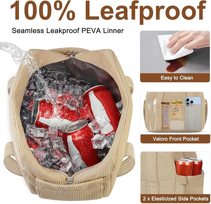 Corduroy Lunch Box Lunch Bag for Women Men, Cute Strawberry Small Insulated - Image 4