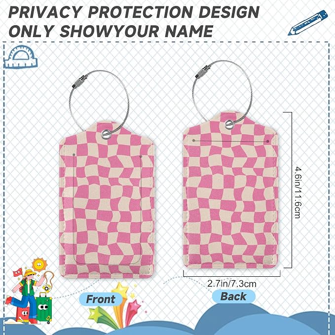 2 Pack Luggage Tag for Suitcase, Groovy Pink Checkerboard Leather Bag Tags - Image 2