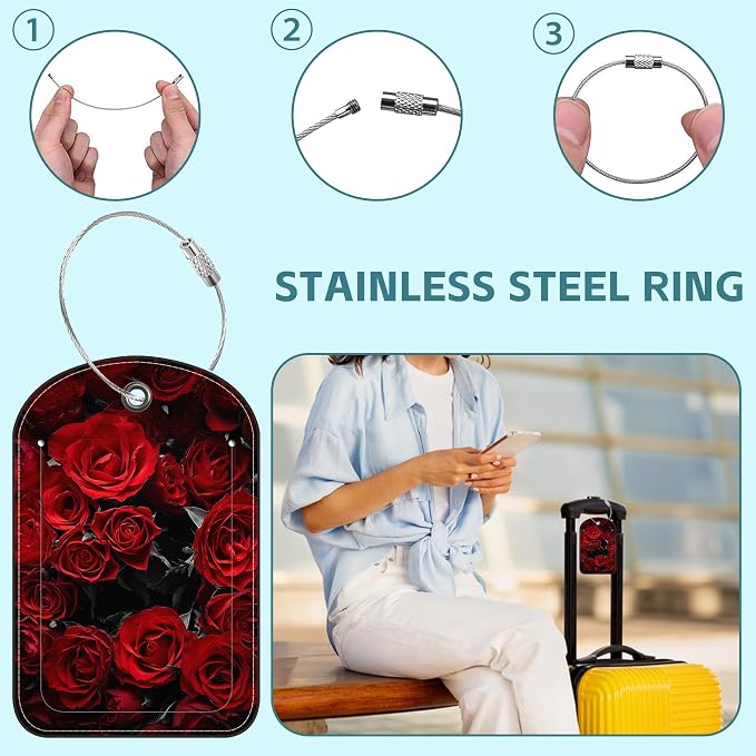 2 Pack Cute Luggage Tag for Suitcases Dark Red Roses Leather Luggage Tags - Image 3
