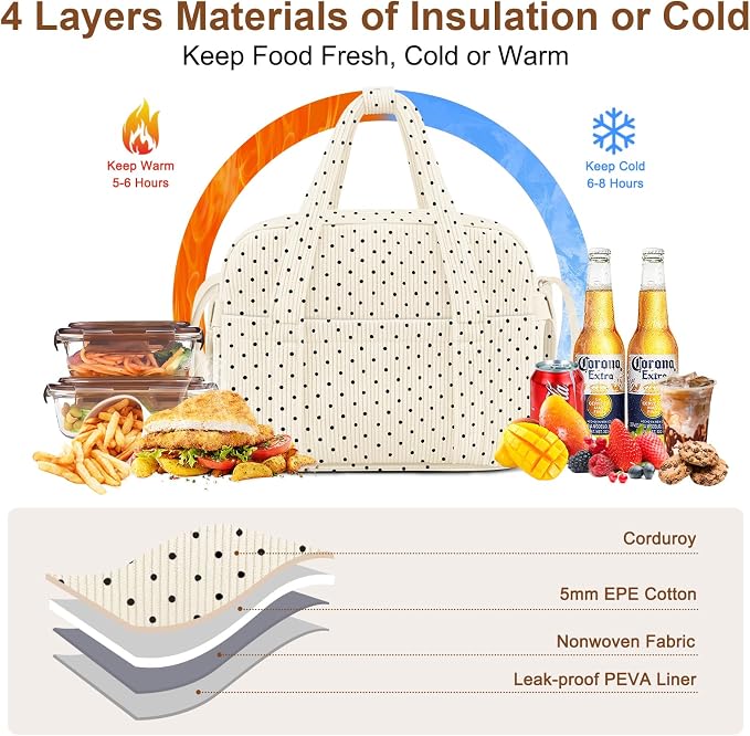 Corduroy Lunch Box Lunch Bag for Women Adults Men, Cute Insulated Work Reusable - Image 3
