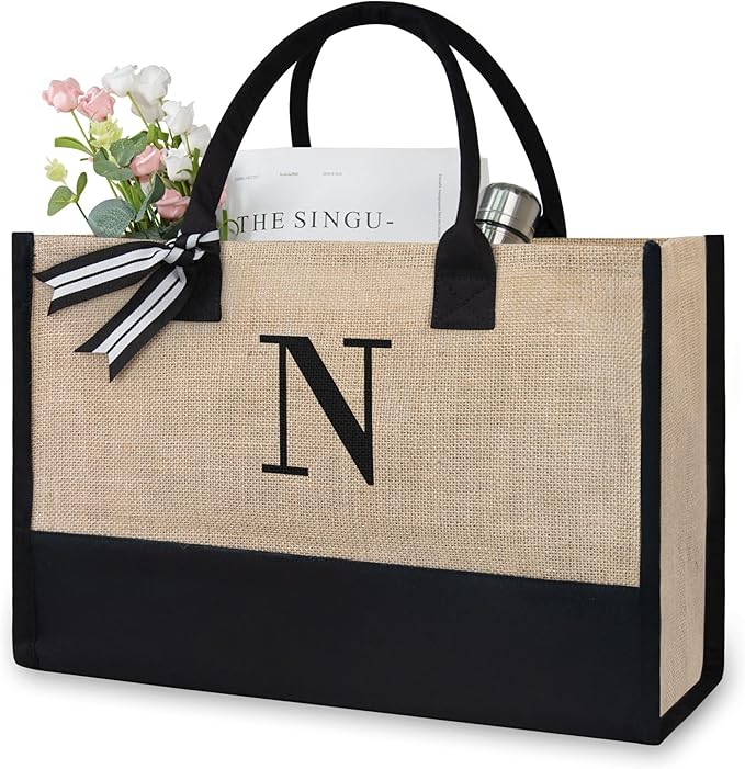 TOPDesign Initial Jute/Canvas Tote Bag, Personalized Present Bag, Suitable by TOPDesign