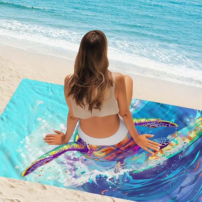 WZOMT Microfiber Turtle Beach Towel Oversized, Funny Sea Turtle Surfing Blue - Image 7
