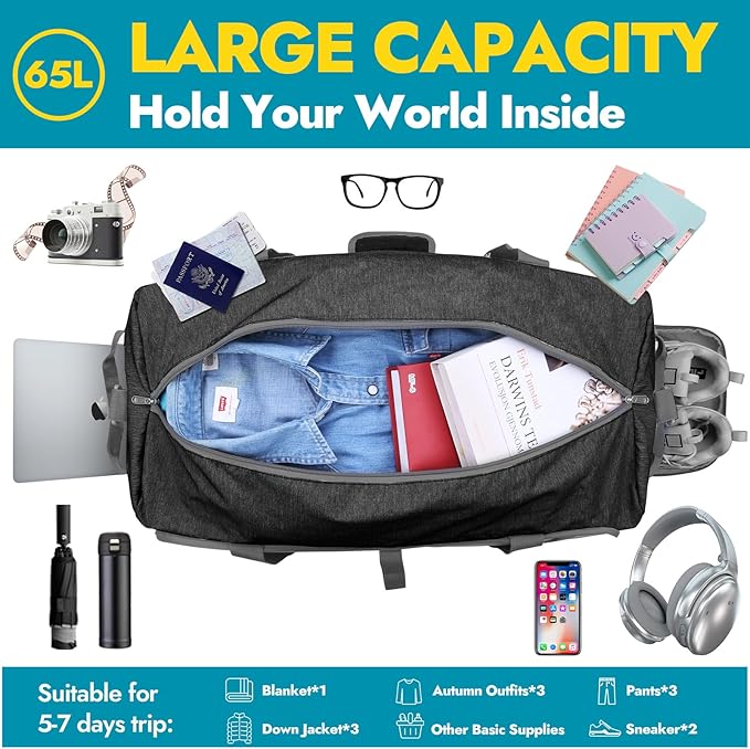 Canway 65L Travel Duffel Bag, Foldable Weekender Bag - Image 3