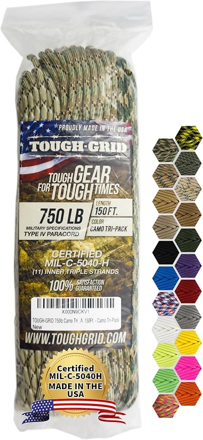 TOUGH-GRID 750 Paracord Rope Nylon Parachute Cord, Made in USA Survival Kit by TOUGH-GRID