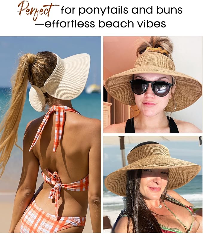 Womens Sun Visor Hats Wide Brim Straw Beach Hat UV Protection Ponytail Packable - Image 3