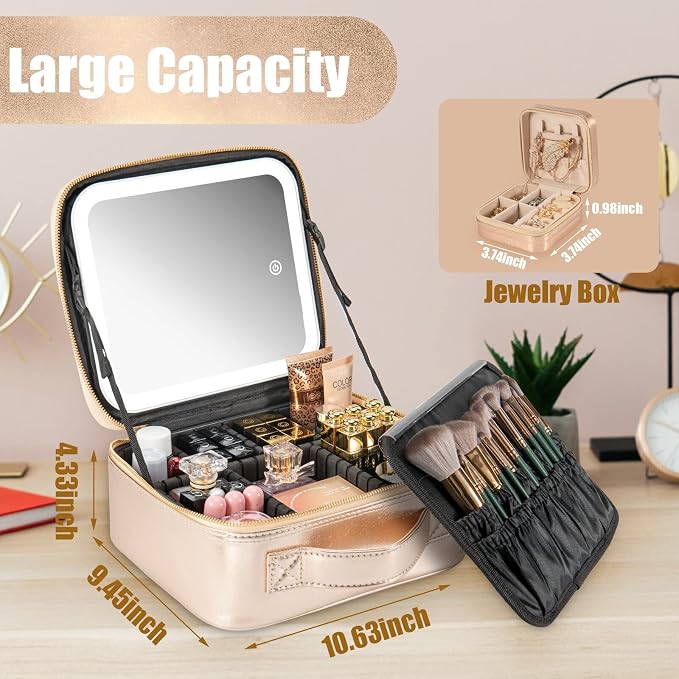 Makeup Travel Train Case with Mirror LED Light 3 Adjustable Brightness Large - Image 5