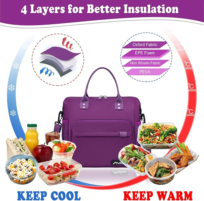 Purple Lunch Box for Women Insulated Lunch Bag Fits Bento Boxes, Snack and Foods - Image 4