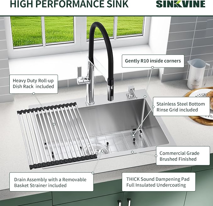 25-Inch Drop-In Kitchen Sink, SINKVINE 25" x 18" Stainless Steel Indoor and - Image 6