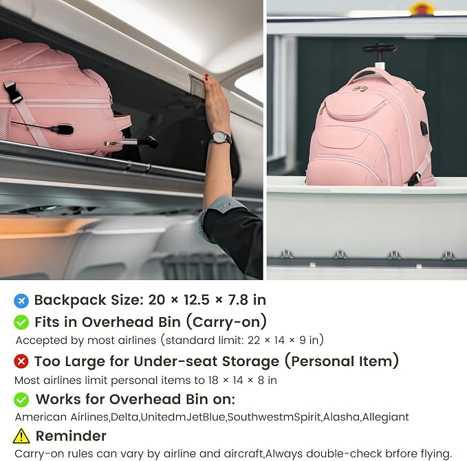 Boavan Rolling Backpack for Women, 17.3 Inch Wheeled Laptop Backpack, Large - Image 3