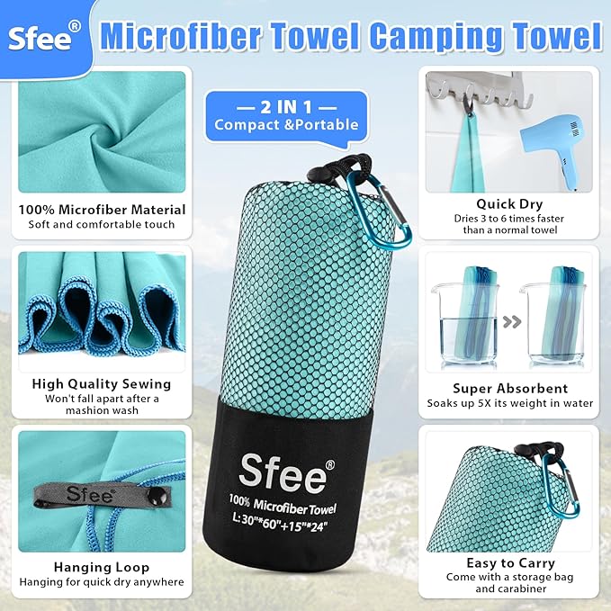 Sfee 2 Pack Microfiber Travel Towel, Quick Dry Towel Camping Towel Beach Towel - Image 2