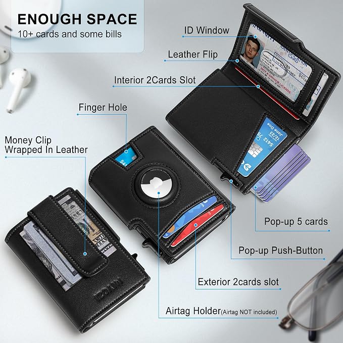 Airtag Wallet for Men, with Money Clip 10 Cards Metal Case Smart Slim Pop Up - Image 2