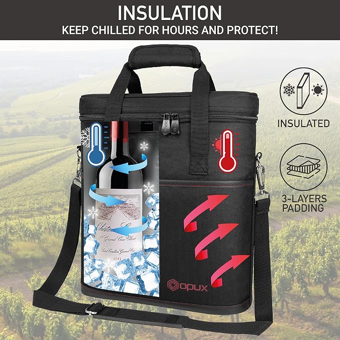 OPUX 3 Bottle Wine Carrier Tote, Insulated Leakproof Wine Cooler Bag, Wine - Image 2