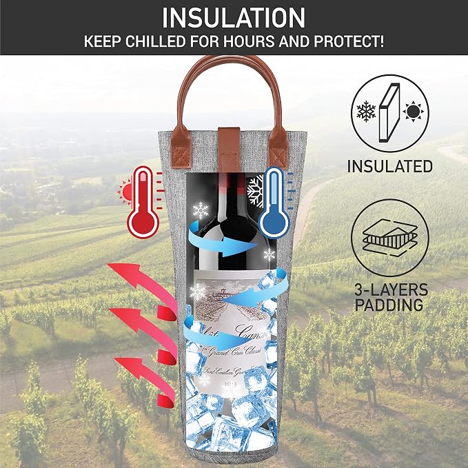 opux Wine Bag Single Bottle Carrier Tote, Insulated Travel Wine Cooler Bag - Image 2