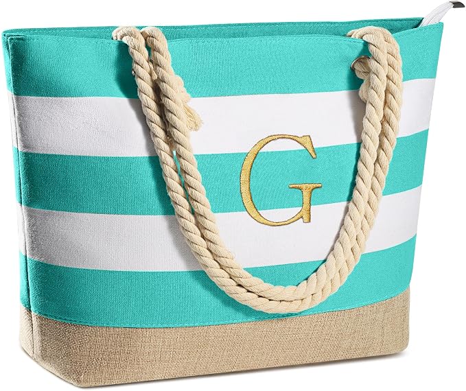 YOOLIFE Initial Canvas Waterproof Beach Tote Bag Zipper Personalized Gifts by YOOLIFE