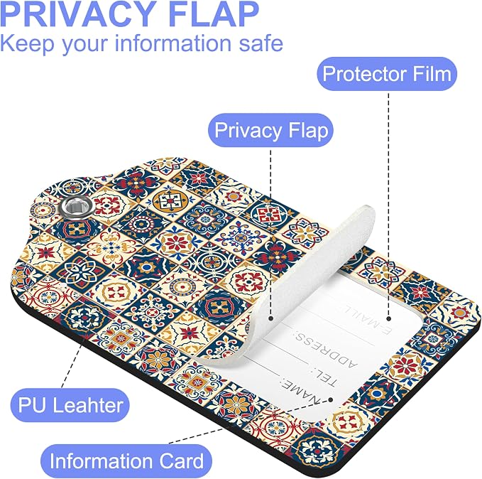 2 Pack Luggage Tags Colorful Moroccan Portuguese Tiles PU Leather Baggage Tag - Image 3
