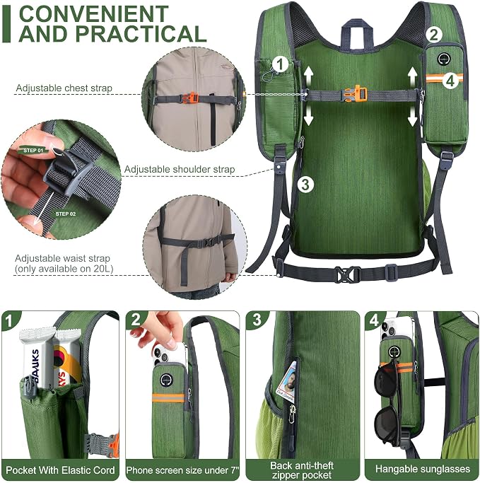 20L Small Hiking Backpack for Men Women Foldable Packable Back Pack Ultralight - Image 2
