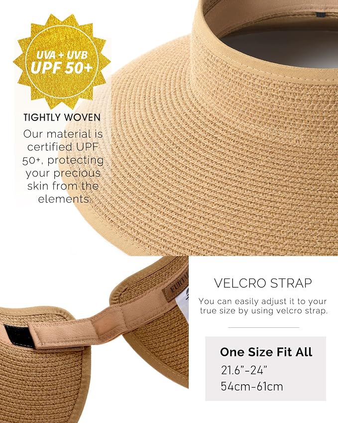 FURTALK Sun Hats for Women Wide Brim Beach Hat Straw Visor Ponytail Summer UV - Image 7